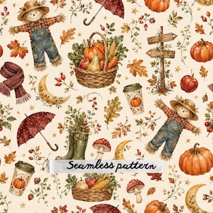 May include: A seamless pattern featuring scarecrows in denim overalls, woven baskets filled with pumpkins and corn, red umbrellas, autumn leaves, mushrooms, crescent moons, coffee cups, and wooden signposts on a light cream background.