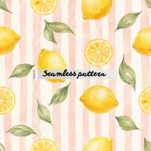 Pode incluir: Padrão sem costura em aquarela com limões amarelos, fatias de limão e folhas verdes sobre um fundo listrado rosa e branco. O texto "Seamless pattern" é exibido em uma faixa branca.