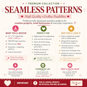 May include: A digital product advertisement for seamless patterns. The image features text with information about the product, including file size, resolution, file format, and commercial use. The design is suitable for various creative projects.