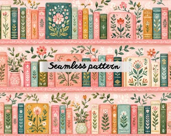 Motivo floreale senza soluzione di continuità per libreria, carta digitale vintage shabby chic con rose e libri, stampa pastello da biblioteca, design romantico per tessuti in stile cottagecore