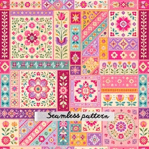 Bohemian Folk Floral Patchwork Seamless Pattern JPG Pink Vintage Quilt Repeat Tile Cottagecore Fabric