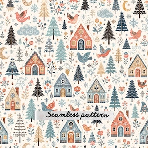 Scandinavian Christmas Village Seamless Pattern | Nordic Folk Winter Houses Repeat | Whimsical Holiday Forest Fabric Design
