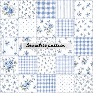 May include: A patchwork design featuring a grid of square tiles with blue and white patterns, including floral bouquets, small sprigs, gingham checks, stripes, and polka dots. A central banner displays the text Seamless pattern.