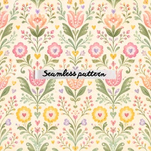 Pode incluir: Padrão sem costura em aquarela com flores estilizadas em rosa, pêssego e amarelo, folhas verdes e pequenos corações. O texto "Seamless pattern" é exibido. O design tem uma estética vintage e de arte popular.
