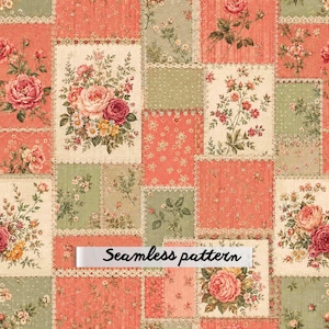 Könnte beinhalten: Ein nahtloses Stoffmuster mit einem Patchwork-Design aus rechteckigen Blöcken in Korallen-, Salbeigrün- und Cremetönen. Die Blöcke zeigen verschiedene florale Motive, darunter Rosensträuße und kleine Zweige, die durch weiße Spitzenborten getrennt sind.