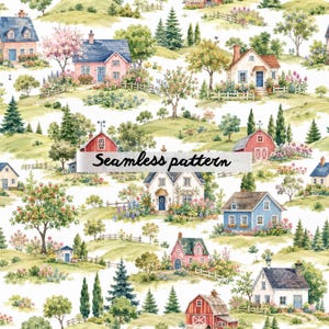 Pode incluir: Um padrão contínuo com uma paisagem em aguarela com várias casas, celeiros vermelhos e árvores perenes entre colinas verdes. A ilustração inclui flores, cercas de madeira e o texto Seamless pattern sobre um fundo branco.