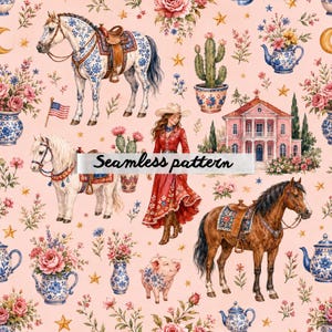 May include: A seamless pattern on a light pink background featuring illustrations of horses, a person in a cowboy hat and red dress, a pig, cacti, blue and white floral teapots, roses, stars, a mansion, and an American flag.