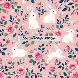 Pode incluir: Um padrão contínuo com coelhos brancos e rosas cor-de-rosa sobre um fundo rosa claro. O design inclui folhas verde-escuras e pequenas flores brancas. O texto "Seamless pattern" está impresso a preto no centro da imagem.