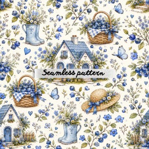Pode incluir: Um padrão sem costura com ilustrações de mirtilos, flores e casas em tons de azul e branco. O design inclui cestos, botas e um chapéu de palha, com o texto "Seamless pattern" no centro.