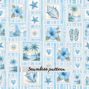 May include: A seamless pattern featuring a grid of postage stamp-style illustrations in shades of blue and white. The designs include hibiscus flowers, seashells, starfish, palm trees, sailboats, flip-flops, suns, and hearts on a striped background.