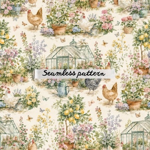 Pode incluir: Um padrão sem costura com uma cena de jardim com galinhas, borboletas, plantas em vasos e uma estufa. O design inclui o texto "Seamless pattern" em uma faixa branca. A paleta de cores inclui verdes suaves, rosas, amarelos e marrons.
