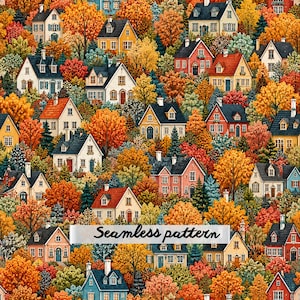 May include: A seamless pattern featuring a dense collection of houses nestled among autumn trees with vibrant orange, yellow, and red foliage. The houses are depicted in various colors including white, yellow, red, and blue with dark roofs.