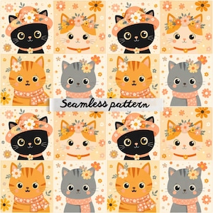 Cute Floral Cats Patchwork Seamless Pattern JPG – Kawaii Kitty Portrait Quilt, Cottagecore Flowers & Nursery Fabric Design