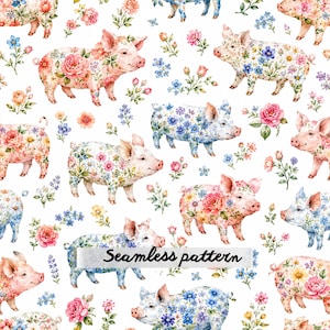 Könnte beinhalten: Ein nahtloses Muster mit mehreren Schweinen, die mit Aquarell-Blumenmotiven in Rosa-, Blau- und Gelbtönen verziert sind. Die Schweine sind mit kleinen Blumenclustern auf weißem Hintergrund durchsetzt. Der Text Seamless pattern ist sichtbar.