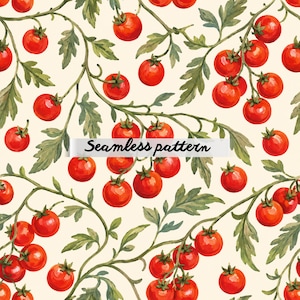 Könnte beinhalten: Nahtloses Muster mit Aquarellillustrationen von reifen roten Kirschtomaten auf grünen Ranken und Blättern vor cremefarbenem Hintergrund. Der Text "Seamless pattern" ist abgebildet.