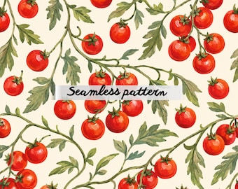 Cherry Tomato Vine Seamless Pattern, Mediterranean Botanical Repeat JPG, Rustic Italian Kitchen Fabric Print, Cottagecore Tomato Wallpaper