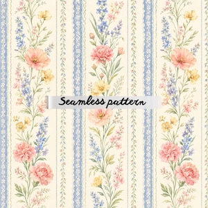 Pode incluir: Padrão floral sem costura com listras verticais. O design apresenta flores em aquarela em rosa, amarelo e azul. O texto "Seamless pattern" está em uma faixa branca.