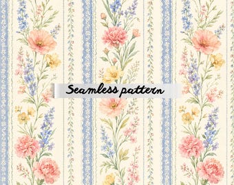 Cottagecore Tulip Stripe Seamless Pattern, Soft Pink Floral Fabric, Romantic Botanical Wallpaper JPG