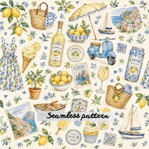 Pode incluir: Um padrão contínuo com ilustrações em aguarela de limões, uma garrafa de Limoncello, uma scooter azul, um veleiro, um saco de palha, um vestido de verão, um guarda-sol, um gelado, um cupcake e paisagens costeiras italianas com texto.