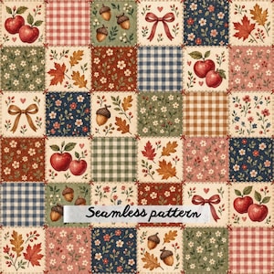 Autumn Cottage Patchwork Seamless Pattern, Fall Apples Acorns Maple Leaves Gingham Floral Fabric Digital Paper JPG
