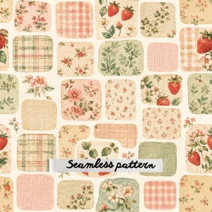 Motif sans couture patchwork fraise vintage PNG, tissu patchwork aquarelle style cottage, motif patchwork floral shabby chic, style cottagecore numérique