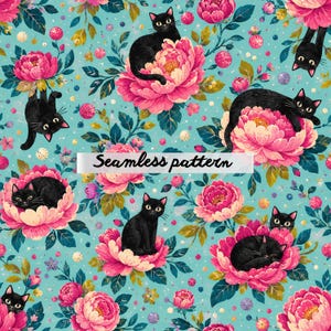 Pode incluir: Um padrão contínuo apresentando gatos pretos descansando sobre e entre grandes flores de peônia rosa em um fundo azul claro. O design inclui folhas verdes, pequenos pontos coloridos e o texto Seamless pattern centralizado horizontalmente.