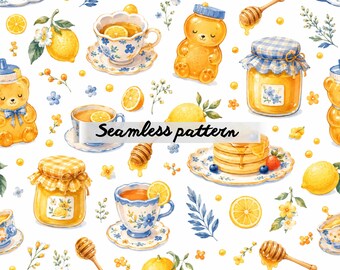 Motivo senza cuciture al tè al limone e miele JPG – Orsetti di miele ad acquerello, tazze da tè floreali blu, accogliente colazione agli agrumi, design di tessuto cottagecore