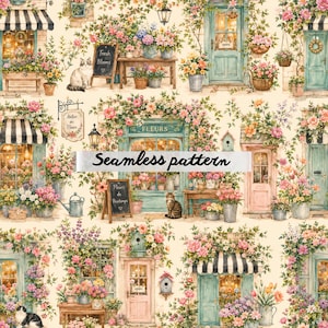 May include: A seamless pattern featuring watercolor illustrations of flower shops, doors, and cats. The design includes floral arrangements, awnings, and signs with text. The overall color palette is soft, with pastel pinks, greens, and yellows.