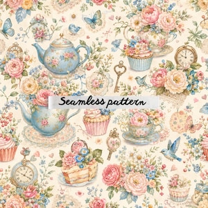 May include: A seamless pattern with a vintage floral design. It features teacups, teapots, cupcakes, clocks, keys, and butterflies in pastel pink, blue, and yellow on a cream background. The text "Seamless pattern" is displayed.