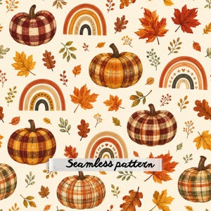 Motif sans couture à carreaux fantaisistes avec citrouilles et arcs-en-ciel d'automne | Tissu à feuilles d'automne bohèmes | Papier numérique pour chambre d'enfant douillette