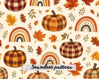 Whimsical Plaid Pumpkins & Autumn Rainbows Seamless Pattern | Boho Fall Leaves Fabric | Cozy Nursery Digital Paper