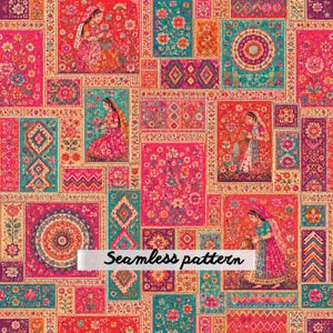 Boho Indian Textile Seamless Pattern JPG | Colorful Floral Patchwork Repeat Tile