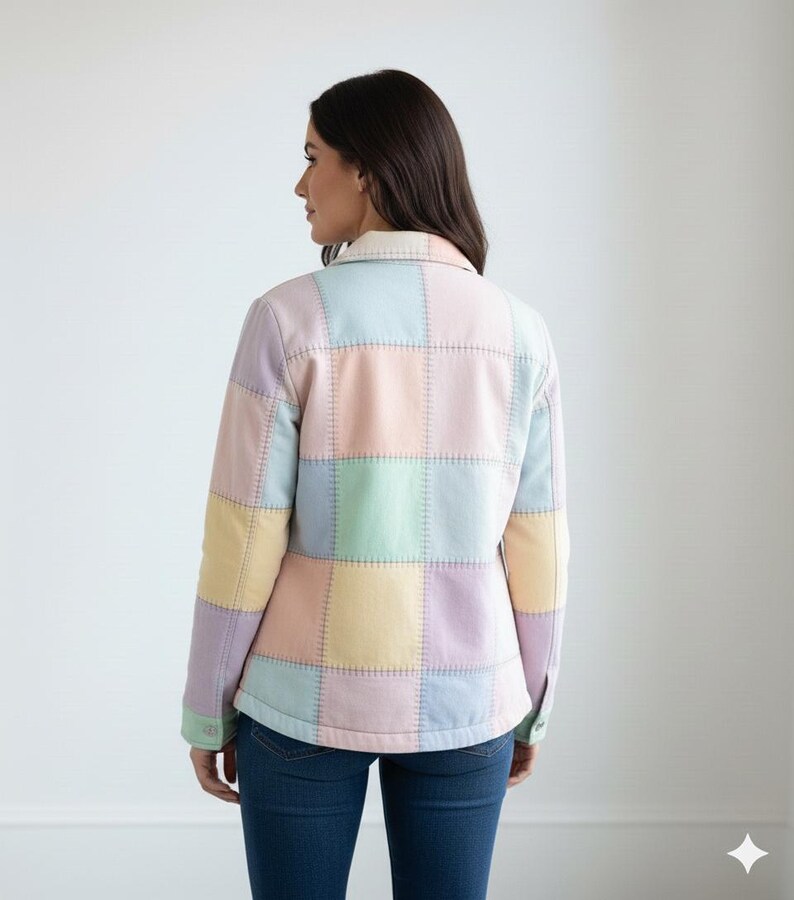 May include: A pastel patchwork jacket in shades of pink, blue, yellow, and green. The jacket features a collared neckline and button-up front. The design is made of squares stitched together with visible thread.