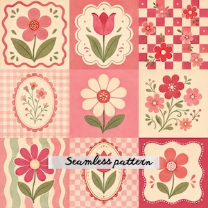 May include: A grid of nine squares featuring various floral illustrations in shades of pink, red, and cream. The designs include flowers in scalloped frames, checkered backgrounds, and wavy lines. The text Seamless pattern is centered across the image.