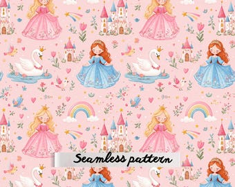 Princess Fairytale Kingdom Seamless Pattern, Watercolor Princesses, Swan Castle Rainbows, Whimsical Storybook Fabric Design