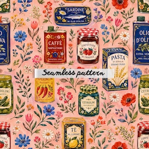 Pode incluir: Um padrão sem costura com vários produtos alimentícios italianos, como sardinhas, café, massa, azeite e geleias, intercalados com elementos florais. O design inclui potes, latas e caixas com texto italiano, em um fundo rosa.