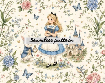 Alice in Wonderland Seamless Pattern, Fairytale Castle, Storybook Rabbits, Cottagecore Floral Nursery Print JPG