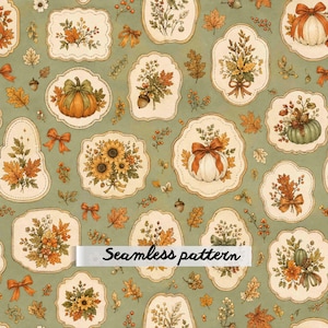 May include: A seamless pattern featuring a sage green background with various scalloped-edge frames containing illustrations of pumpkins, sunflowers, autumn leaves, berries, and bows. The text Seamless pattern is printed in black across the centre.