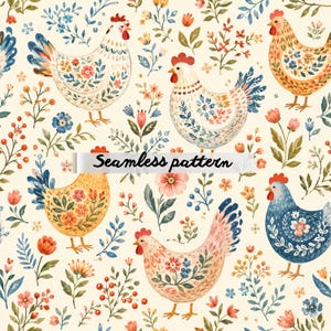 May include: A seamless pattern featuring multiple chickens in various colors including white, yellow, and blue, decorated with floral motifs. The background is cream-colored and filled with small botanical illustrations of flowers, leaves, and berries. The text "Seamless pattern" is printed across the center.