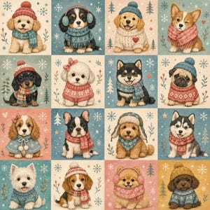 May include: A grid of sixteen illustrations featuring various puppies wearing winter accessories like knit hats, scarves, and sweaters. Each puppy is set against a square background decorated with snowflakes, pine trees, and small hearts in soft colors.