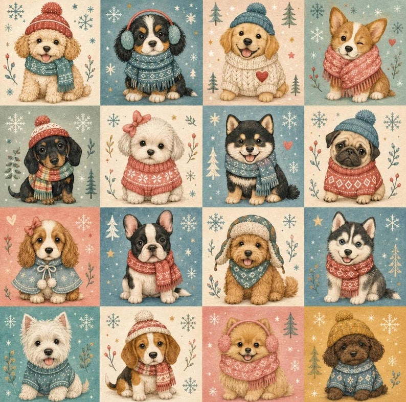 May include: A grid of sixteen illustrations featuring various puppies wearing winter accessories like knit hats, scarves, and sweaters. Each puppy is set against a square background decorated with snowflakes, pine trees, and small hearts in soft colors.