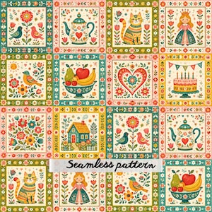 Scandinavian Folk Art Patchwork Seamless Pattern, Floral Quilt Blocks, Whimsical Birds, Cats & Cottagecore Storybook Fabric Design