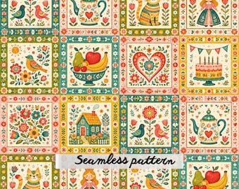 Scandinavian Folk Art Patchwork Seamless Pattern, Floral Quilt Blocks, Whimsical Birds, Cats & Cottagecore Storybook Fabric Design