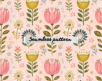 Scandinavian Folk Floral Seamless Pattern, Blush Pink Botanical Repeat, Watercolor Wildflower Meadow, Cottagecore JPG