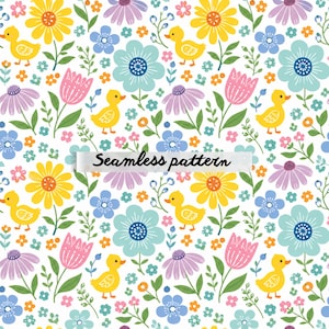 May include: A seamless pattern featuring yellow ducklings interspersed with colourful flowers including yellow daisies, light blue blossoms, pink tulips, and purple coneflowers on a white background. The text Seamless pattern is centred.