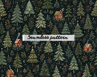 Nahtloses Muster „Winterliche Waldhütte“ (JPG), skandinavisches Waldweihnachts-Aquarellmuster (Wiederholung), gemütliches immergrünes Festtags-Textildesign (Kachel).