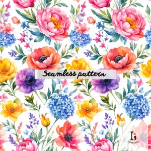 Pode incluir: Padrão floral aquarela sem costura com peônias rosa, papoulas laranja, flores amarelas e roxas e hortênsias azuis em um fundo branco. O texto "Seamless pattern" é exibido no centro.