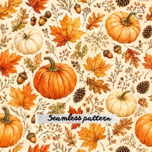 May include: A seamless pattern featuring watercolor illustrations of orange and white pumpkins, brown oak and maple leaves, pinecones, and acorns on a cream background. The text Seamless pattern is printed in black across the center of the image.