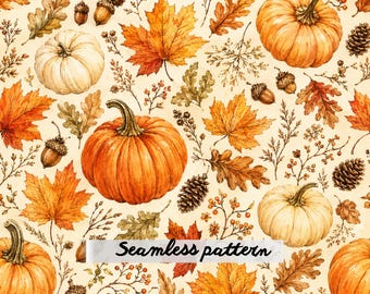 Autumn Pumpkin Seamless Pattern Digital Paper Fall Leaves Thanksgiving Fabric Print JPG