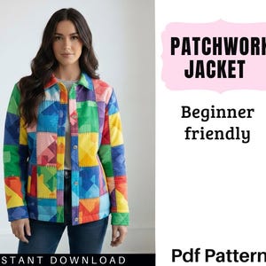 Puede incluir: Una colorida chaqueta patchwork con cierre de botones. La chaqueta presenta una variedad de formas geométricas en tonos de azul, verde, amarillo, rosa y rojo. Se muestra el texto "PATCHWORK JACKET" y "Beginner friendly".